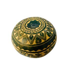 Handcrafted Decorative Gourd Bowl With Intricate Patterns 4 1/3"‎ Green Beige